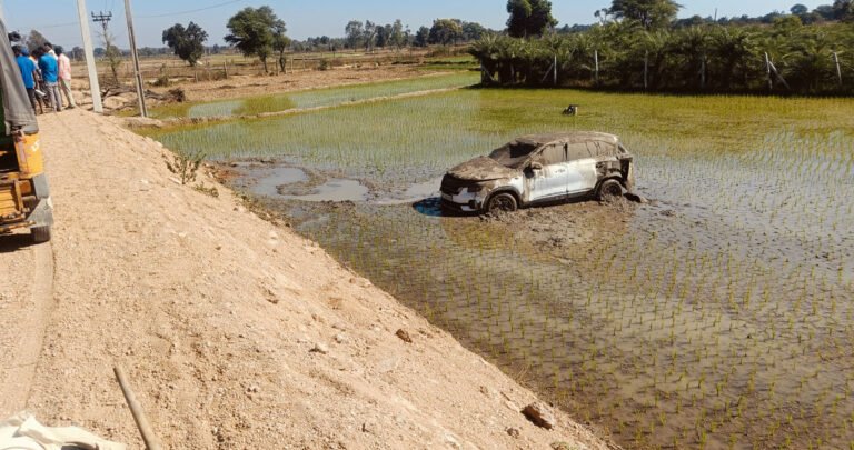 A car rammed into a paddy field..Two injured